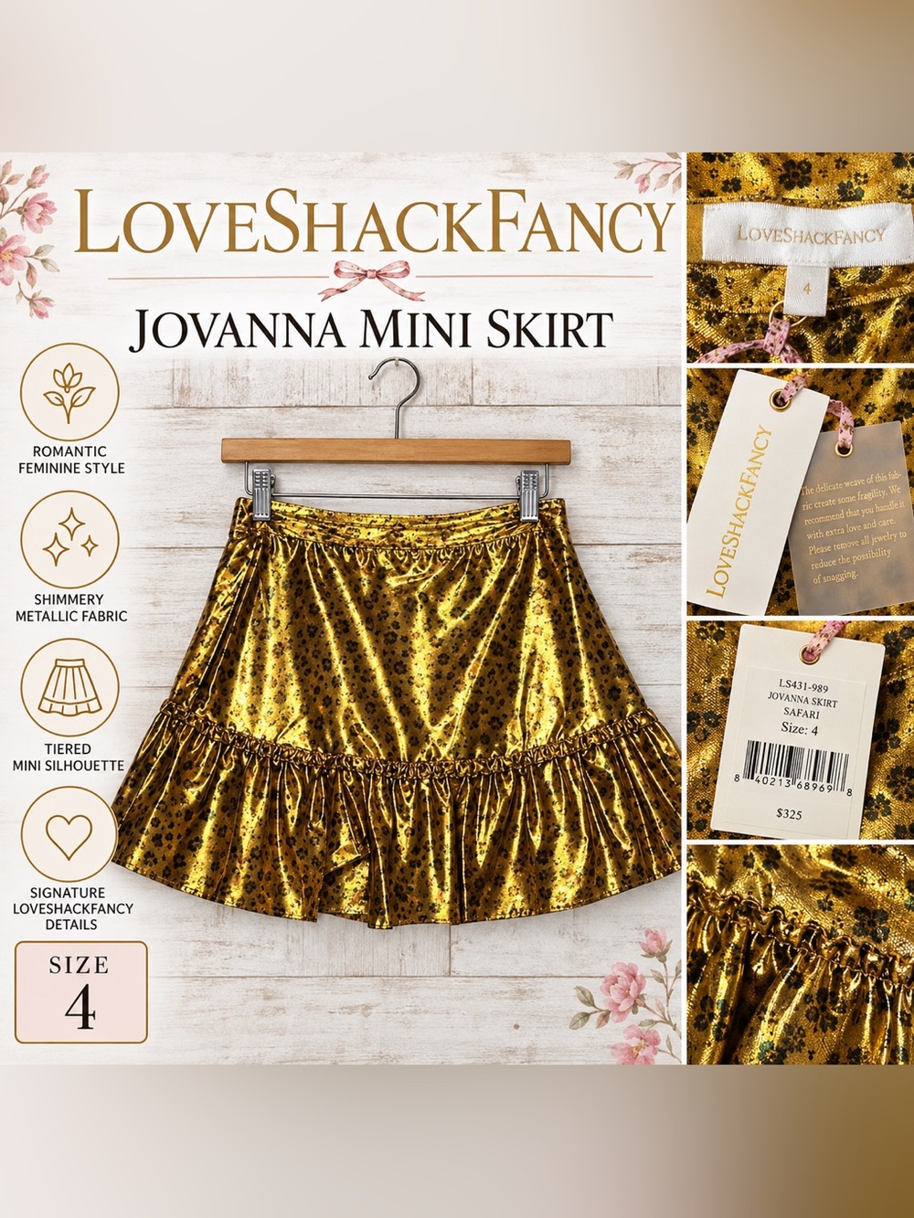 LOVESHACKFANCY Jovanna Mini Skirt Women’s Size 4 NWT Gold Metallic Safari